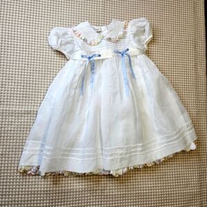 Leonarda Designs White Organza Overlay & Embroidered Cotton Puff Sleeve Dress